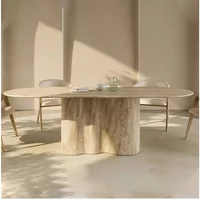 Retro Travertine Dining Table with Fine Marble Top for Apartment Living Room Hotel Lobby