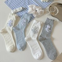 Lolita Ruffle Socks Cat Embroidery Japanese Kawaii Cartoon Cute Women Socks Cotton Thin Breathable Girls Solid Color Long Socks
