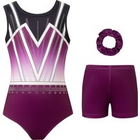 3-Piece Set of Gradient Color Structured Rhinestone Appliqué Gymnastics Leotards for Girls (Leotard + Shorts + Hair Tie) Round Neck Sleeveless Leotard High-Elastic Fabric Sports-Specific Clothing for
