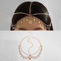 Korean Style Bohemian Forehead Headpiece Fairy Boho Rhinestone Forehead Chain Multilayer Gold Long Tassels Hair Chain