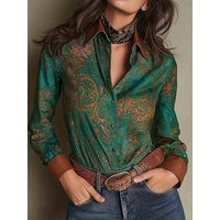 Spring PU Splice Lapel Shirt Blouse Long Sleeve Single-breasted Print Blouses Vintage Elegant Office Lady Tops