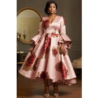 Elegant Floral Printed Plus Size Dress for Women's Sexy V-neck Ruffle Flare Sleeve Pleated A-line Satin Cocktail Evening Dresses
