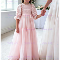Elegant Flower Girl Dress Pink Tulle Fluff For Wedding Ball Dress Ruffles Floral Toddler Pageant Gown Kids Birthday Party Gowns