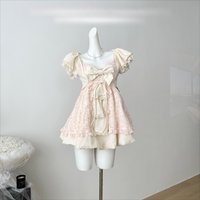 Sweet Bow Lace Lolita Dress Women Puff Sleeve Ruffle Layered Skirt Princess Style Vintage Cottagecore Fairycore Kawaii Outfits