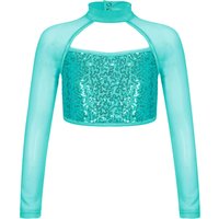 Kids Girls Hip Hop Jazz Street Dance Performance Costume Long Sleeve Hollow Shiny Sequins Mesh Crop Tops Dancewear Sportswear