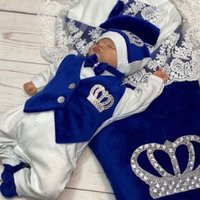 Royal Blue Velvet Baby Strampler Outfits Set Welcome Home Kindergarten Säugling Nest Luxus Krone Empfang Decke Outfit Set