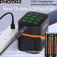 PHOMAX New 12-slots LCD Fast Charger & Rechargeable Battery,1.5V AA 4200mWh & AAA 1110mWh Lithium Battery For Remote Mouse Toys