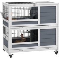 PINGGO Double Deckers Guinea Pig Cage, Indoor Rabbit Hutch with Feeding Trough, Trays, Ramps, Openable Top - Grey