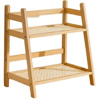 2 Tier Bamboo Desktop Storage Rack Rattan Woven Kitchen Countertop Organizer for Spices Cups Books Plants Home Decor