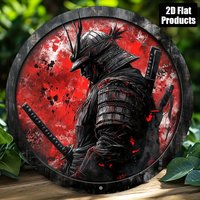 High Definition Wooden Plaque, Samurai Warrior Round Wood Sign, Japanese Bushido Katana Sword Print Wall Art, Vintage Red & Blac
