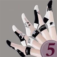 5 Pairs Summer Socks Simple Cute Black White Cat Glass Silk Breathable Short Socks Used For Female Footwear