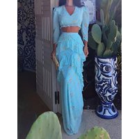 Spring Long Sleeve V Neck Crop Top & Ruffle Long Skirts Set Elegant Floral Print Boho 2 Piece Outfit Women New Summer Party Suit