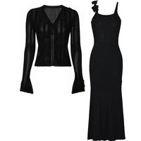 High Quality New Fashionable Knitted Nail Bead Three-dimensional Flower Top Cardigan+suspender Dress Women's Set