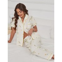 Floral Print Pajama Set Casual Short Sleeve Buttons Lapel Top & Elastic Pants Women's Sleepwear