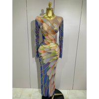 2025 New Luxury Sparkly Rhinestone Stretchy Mesh See Through Long Dress Women Birthday Party Performance Nightclub Stage Costume
