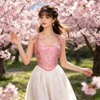 Pink Feather Jacquard Satin Corset Top Adjustable Tie Strap Square Neck Bustier Crop Top for Women
