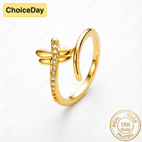 18K Gold Plated Luxury Dragonfly Zirconia Open Ring, Stylish Women's Engagement Party Gift Jewelry Accessories