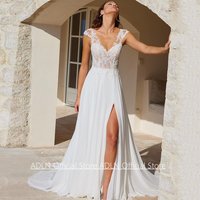 Beach Wedding Dress Bridal Gown Customized Cap Sleeve V Neck Lace Applique Split A Line Chiffon Lady Bride Dresses