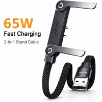 65W USB A to USB C Cable 2 in 1 Fast Charging Data Cable Foldable Phone Stand Holder Nylon Cord for Samsung Xiaomi Huawei Type C