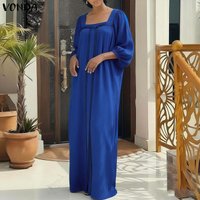 VONDA Elegant Women Dress Summer Spring 3/4 Sleeve Streetwear Patchwork Long Maxi Dress Square Collar Puff Sleeve Party Vestidos