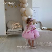Sevintage Cute Pink Organza Flower Girl Dresses Bow Puff Sleeves Princess Dresses For Girls Birthday Party Dresses Customized
