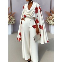 Three Sisters Autumn New Product White Printing Pile Neck Fashion Party Elegant Long Sleeve Two Piece Pants Set Wholesale