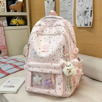 Women's Pink Star Glitter Print Canvas Backpack Clear Pocket Plush Charm Adjustable Strap Casual Daily School Bag 2026 New Trend