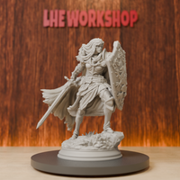 Female Paladin | Sword Shield Fighter Miniature | 28mm-75mm | Resin 3D Printed DND Pathfinder Mini | Unpainted Grey