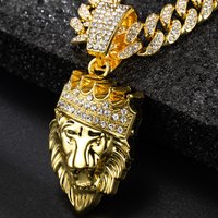 Men's Hip Hop 3D Crown Lion Head Pendant Necklace, with 13mm Cuban Chain Animal Lion Head Rock Necklaces Fashion Punk Jewelry