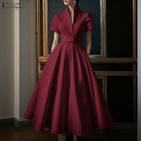 2026 Elegant A Line Pleated Dresses ZANZEA Summer Women Short Sleeve Sundress Solid OL Work Midi Robe Stylish V Neck Party Dress