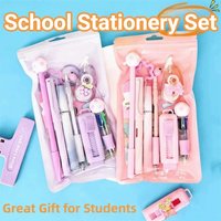 Cartoon School Stationery Set 6 Color Pens Stick Note Student Tools Gift Kit Eraser Large Capacity Learning Gift Box