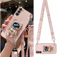 Crossbody Lanyard Quicksand space bear Plating Case for Samsung Galaxy S23 S22 S21 S20 Ultra FE S10 S9 S8 Plus 5G Cover