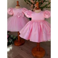 Custom Flower Girl Dress Wedding Gown Birthday Party Dress Puff Sleeve Beaded Satin Tulle Princess Dress Set For Little Girls