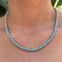 2025 New Gold Color Bling 3mm Turquoises Paved Tennis Chain Necklace Mirco Pave CZ Charm Blue Stone Fashion Women Choker Jewelry
