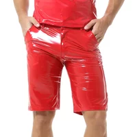 Men Casual PVC Leather Shorts Fashion Solid Color Wet Look Shiny Leather Short Pant Slim Clubwear Male Stage Performance Costume