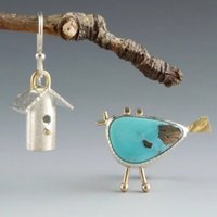 Vintage Copper Forged Asymmetrical Earrings, Bird House, Synthetic Turquoise Bird, Bird Lover, Bird Earrings
