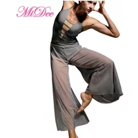 MiDee Contemporary Lyrical Dance Costume Women Girls Camisole Leotard Mesh Wide Leg Palazzo Pants 2 PCS Set Competition Outfit