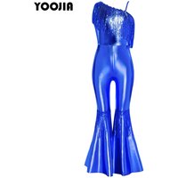 Kids Girl Shiny Halloween Hippie Costume 70S Prom Disco Vintage Flare Jumpsuit Metallic One Shoulder Bell Bottom Bodysuit Outfit