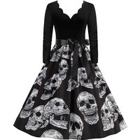 Skull Print Halloween Dress for Women Elegant Vintage Long Sleeve 50s 60s Evening Party Prom Costumes Cosplay