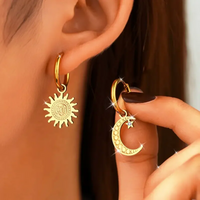 Romantic Asymmetric Stainless Steel Gold Color Sun Moon Pendant Drop Earrings for Women Shiny Zirconia Earrings Trendy Jewelry