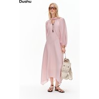 DUSHU 2026 New Summer Womenโs Acetate Blend Cape Dress, Flowy Scarf Detail Cinch-Waist Two Piece Set for Quiet Luxury Summer