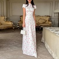 Fashion Print Satin Women Long Dress Chic Short Sleeve High Waist Office Party Dress Spring Summer Waist Pleated Holiday Dresses