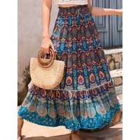 Women's Boho Floral Print Long Skirts Summer Flowy High Waist Pleated A Line Maxi Skirt Geometric Shirred Beach Midi Dress 2024