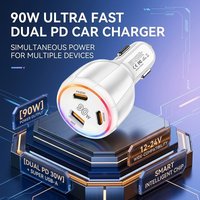 90W 3 Ports Car Charger Adapter Type C PD30W & USB A Fast Charging with Multicolor LED Ring Light For 12-24V Vehicles For iPhone