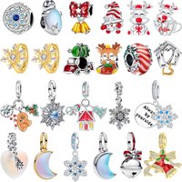 Original 925 Sterling Silver Christmas Charms Snowflake Snowman Moon Beads Pendants Fit Bracelet Necklace DIY Jewelry Gift