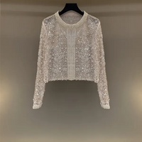 HuaShen Summer Fashion Women's Heavy Embellished Sequin Trendy Style Long Sleeve Open Cardigan Luxury Quilted Loose Fit Knitwear