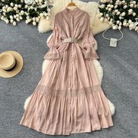 Chic Lace Slim Stand Collar Long Sleeve Spliced Single Breasted Dress High Street Vintage Evening Women Autumn Winter Clothing