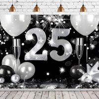1pc Elegant Black and Silver 25th Anniversary Wedding Backdrop Banner Photography Wall -S