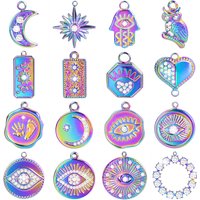 Rainbow Color Shiny Rhinestone Charm Stainless Steel Charms For Jewelry Making Supplies Vintage Evil Eye Moon Star Pendants Bulk