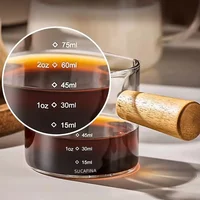 75ml Glass Measuring Cup with Wood Handle Double Spout Espresso Shot Pitcher Clear Heat Resistant Coffee Mug Kitchen Tool Set